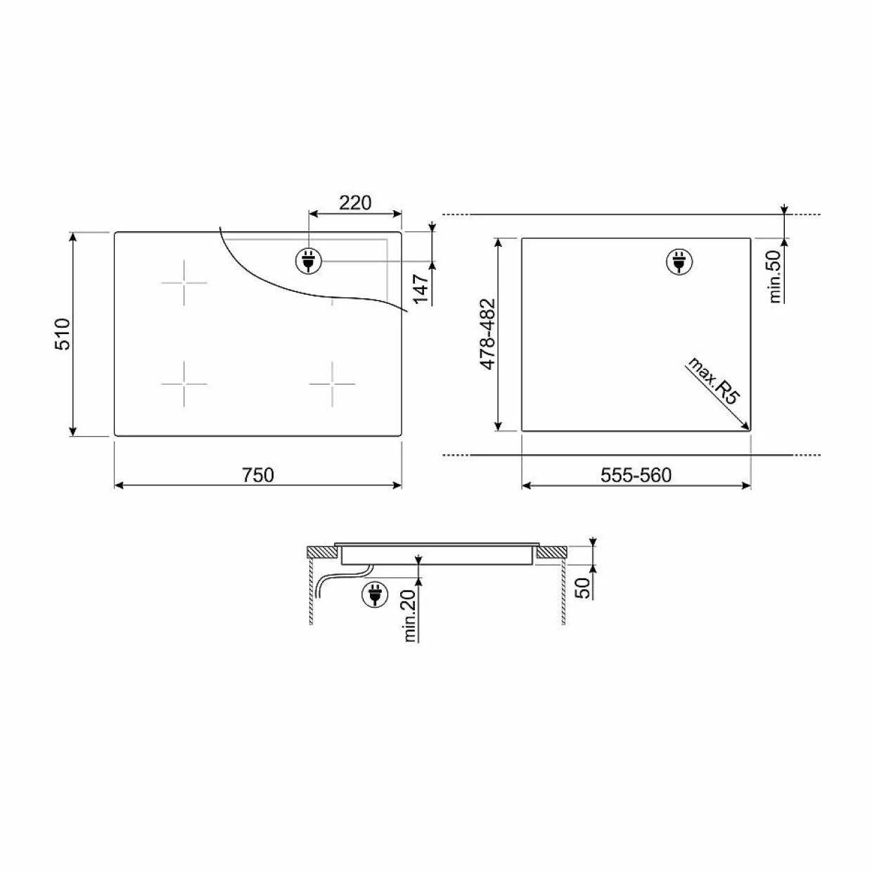 SI1M24744D med 4 kokzoner Svart 75 cm