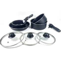 Svart 9 Delar Grytor & Stekjärn med Avtagbara Hantag & Non-Stick